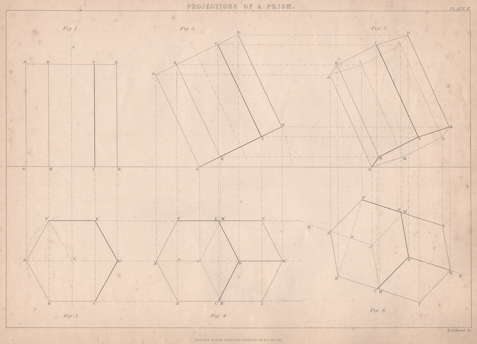 VICTORIAN ENGINEERING DRAWING. Projections of a Prism 1876 old antique print